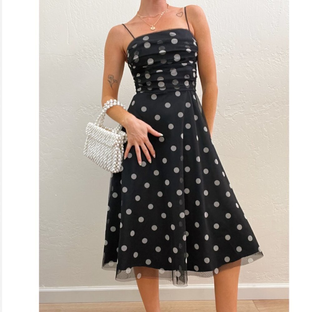 Vintage 90s/Y2K Eliza J Black Polka Dot Ruched Chiffon Fit Flare Midi Dress